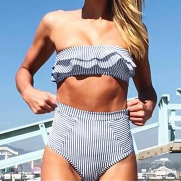 NEW ☀️ Blue & White Striped High Waisted Bikini - Picture 2 of 7